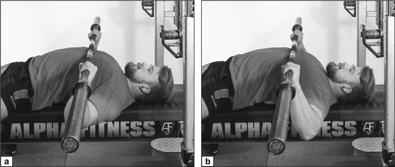 FIGURE 4.4 The elbows positioned (a) in front and (b) behind the barbell.